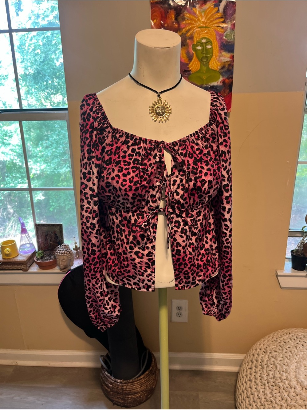 Pink Leopard Tie-Front Long Sleeve Top Whimsy Grunge